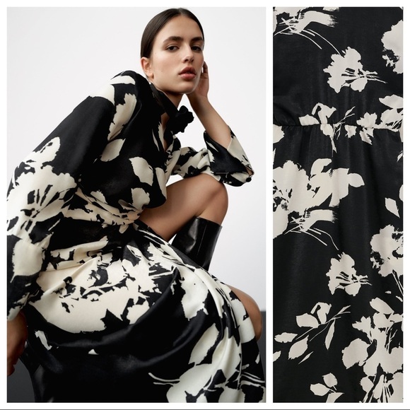 NWT. Zara Black/Cream Satin Effect Floral Print Midi Dress. Size S. - Picture 5 of 11